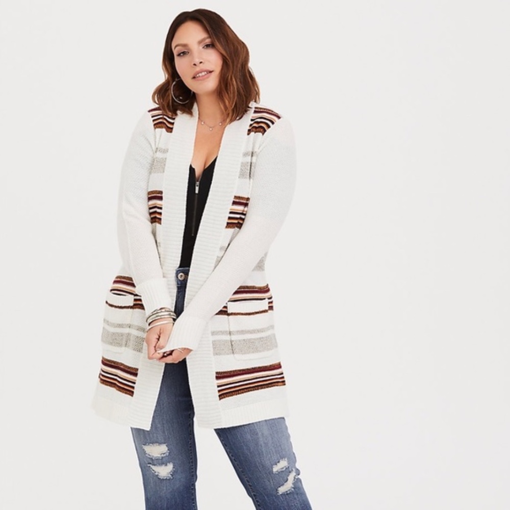 torrid White Cardigan with Brown and Gray Stripe Accents